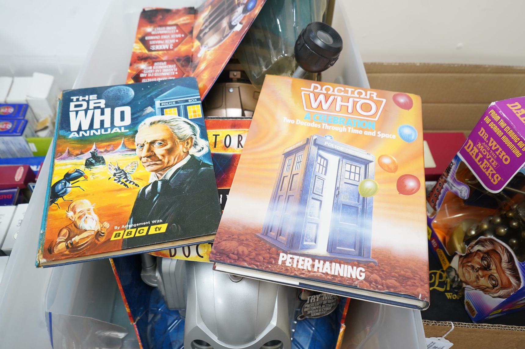 A small collection of Doctor Who items including; a Product Enterprise dalek, a BBC issue Cyberman Voice Changer, a BBC issue Dalek Voice Changer helmet, an early Doctor Who annual, etc.